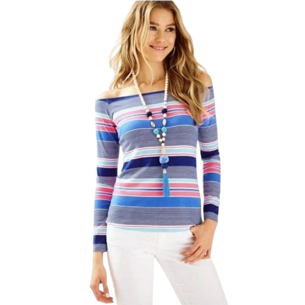 Lilly Pulitzer Audelia True Blue Kaleidoscope Jungle Stripe Off Shoulder Medium